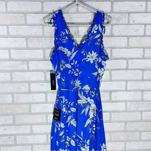 Lulu's NWT Sun Salutation Royal Blue Floral Print Ruffled Wrap Maxi Dress Size L - Picture 7 of 12